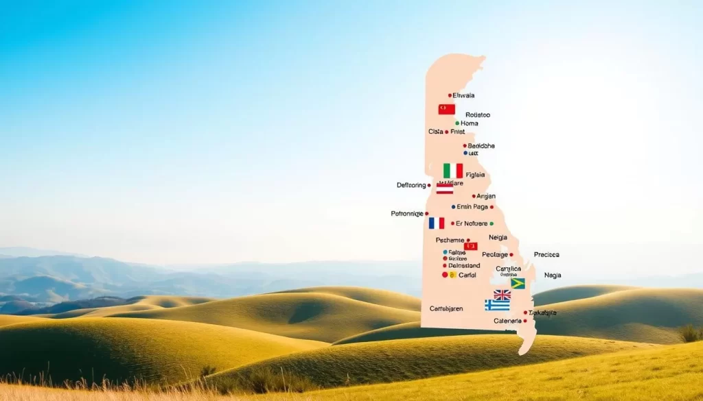 A vibrant linguistic diversity map of Delaware, United States. The foreground shows the state's official and widely spoken languages, displayed as elegant, color-coded icons against a clean, minimalist background. The middle ground features soft, photorealistic state outlines and city labels, while the background depicts a serene, sun-dappled landscape with rolling hills and a clear, azure sky. The overall composition conveys a sense of informative clarity and visual harmony, perfectly suited to illustrate the section on Delaware's language diversity.