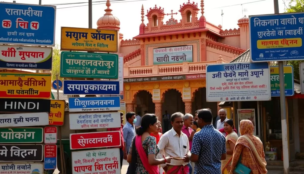 A vibrant linguistic landscape in Chhattisgarh, India. In the foreground, a colorful array of signboards and billboards displaying the region's major languages - Hindi, Chhattisgarhi, and tribal languages like Gondi and Halbi. In the middle ground, locals converse animatedly, their diverse dialects interweaving. The background features iconic Chhattisgarhi architecture, with traditional motifs and designs. Warm, natural lighting illuminates the scene, creating a sense of energy and cultural richness. The overall composition captures the multilingual essence of this central Indian state, where ancient tongues thrive alongside the national language.