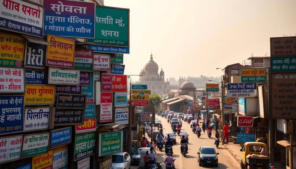 A vibrant linguistic landscape in Uttar Pradesh, India. In the foreground, a colorful mosaic of signboards and billboards showcases the diverse scripts and dialects that thrive in this region - Devanagari, Urdu, and more. The middle ground features bustling city streets, with pedestrians and vehicles weaving through the urban fabric. In the background, a majestic skyline of domes and spires rises, hinting at the rich cultural heritage that has shaped this linguistic tapestry. Warm, diffused sunlight bathes the scene, creating a sense of harmony and energy. Captured with a wide-angle lens, the image conveys the vibrant, multilingual essence of Uttar Pradesh.