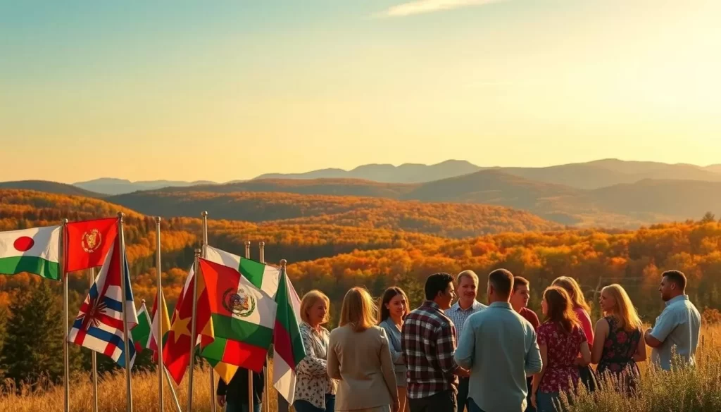 A vibrant linguistic landscape unfolds against the backdrop of Vermont's rolling hills and vibrant foliage. In the foreground, a diverse array of flags representing the top 10 non-English languages spoken in the state flutter gently in a warm breeze. The middle ground showcases people from various cultural backgrounds engaging in lively conversation, their gestures and expressions reflecting the richness of Vermont's multilingual community. In the distance, the mountains provide a serene and picturesque setting, hinting at the state's natural beauty that complements its linguistic diversity. Warm, soft lighting bathes the scene, creating a sense of harmony and inclusivity. The overall composition conveys the idea of Vermont as a welcoming and culturally vibrant place, where linguistic diversity is celebrated and cherished.