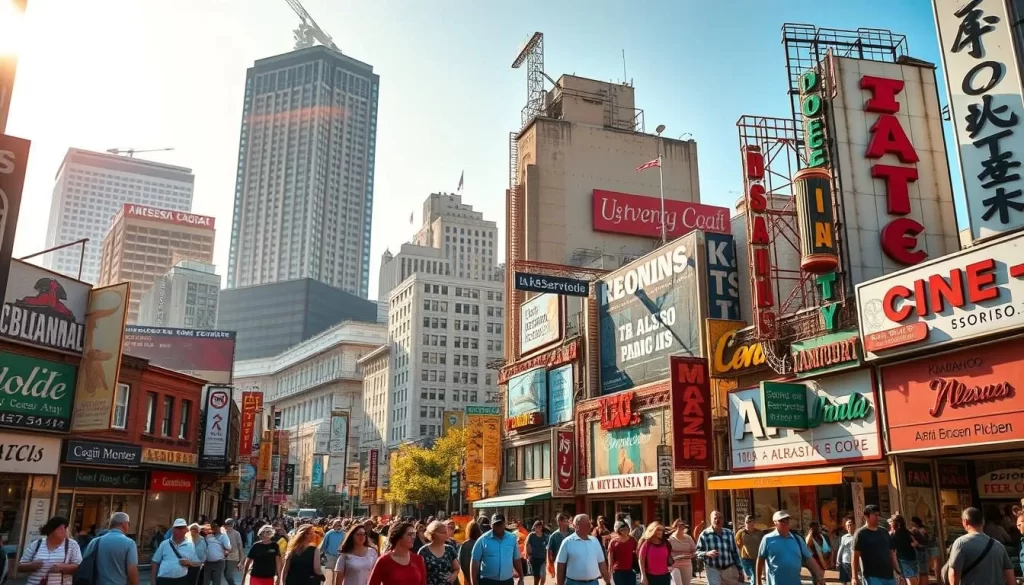 A vibrant linguistic landscape, with diverse alphabets, scripts, and symbols cascading across a sunlit cityscape. Towering skyscrapers and humble storefronts form a vibrant backdrop, their facades adorned with a tapestry of signs, billboards, and murals in a myriad of languages. In the foreground, pedestrians of all backgrounds move through the bustling streets, their conversations a harmonious symphony of dialects and tongues. Soft, golden sunlight filters through, illuminating the rich cultural tapestry that defines the city. Capture the essence of Arkansas' linguistic diversity in a dynamic, immersive scene.