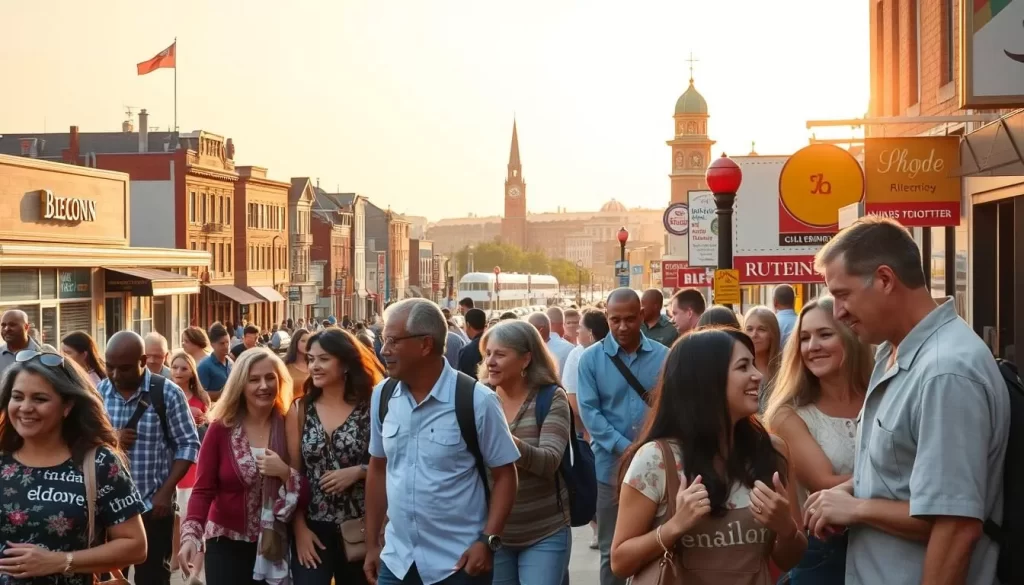 A vibrant linguistic tapestry unfolds across Rhode Island's landscape, with diverse communities woven together by a rich tapestry of languages. In the foreground, pedestrians of various backgrounds converse in their native tongues, their animated gestures and expressions conveying the warmth of cultural exchange. In the middle ground, storefronts and signage display a mosaic of languages, reflecting the state's multicultural identity. In the background, iconic landmarks and architecture provide a picturesque backdrop, bathed in the soft glow of a golden afternoon sun. The scene conveys a sense of harmony and inclusivity, celebrating the linguistic diversity that makes Rhode Island's identity truly unique.