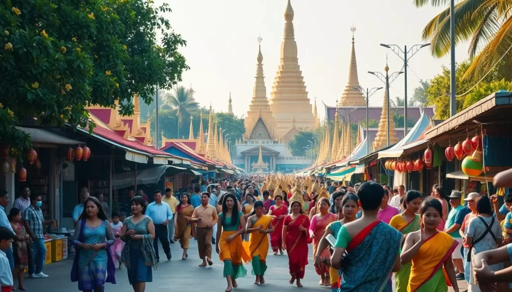 A vibrant, lively scene of Myanmar's seasonal festivals. In the foreground, a colorful parade winds through the streets, with costumed dancers and musicians performing traditional dances. In the middle ground, stalls selling local handicrafts, food, and other wares line the streets, creating a bustling marketplace atmosphere. In the background, a backdrop of ornate, gilded temples and pagodas rises up, bathed in warm, golden sunlight that filters through the lush, tropical foliage. The overall mood is one of joy, celebration, and cultural richness, capturing the spirit of Myanmar's diverse and vibrant festival traditions.