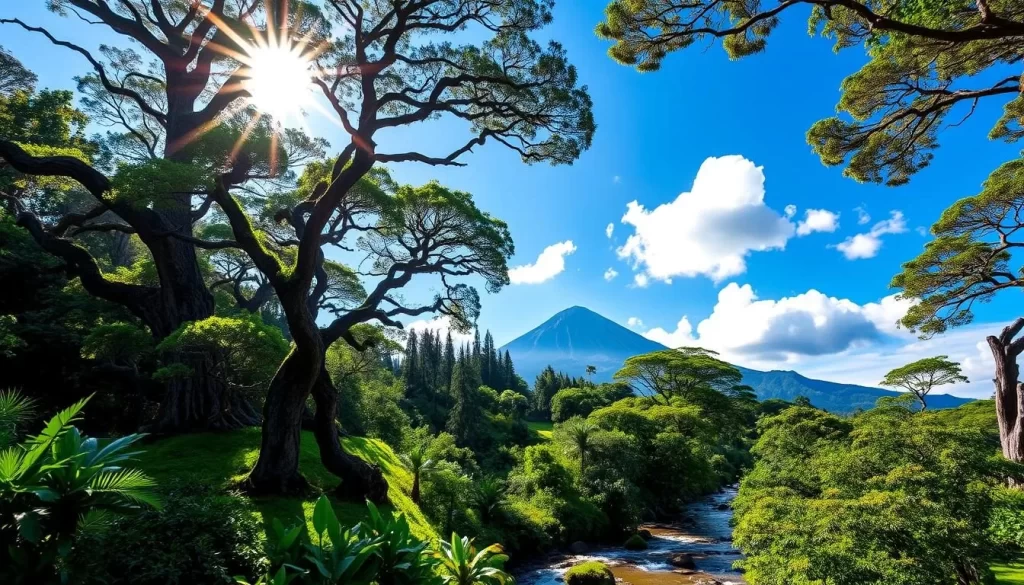 A vibrant, lush landscape of Mount Kinabalu, the highest mountain in Southeast Asia, basking in the warm glow of a sun-drenched day. Towering, ancient trees with twisted trunks and verdant canopies teeming with diverse flora and fauna, from colorful birds to hidden insects. In the middle ground, a serene stream meanders through the verdant undergrowth, its crystal-clear waters reflecting the surrounding beauty. In the distance, the majestic peak of Mount Kinabalu rises majestically, its jagged silhouette framed by a brilliant azure sky, dotted with fluffy white clouds. An atmosphere of tranquility and wonder, capturing the essence of Malaysia's natural wonder.