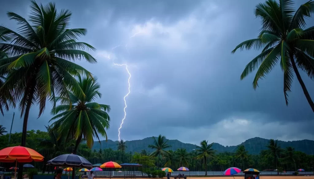 A vibrant, lush landscape under the heavy downpour of the Indian monsoon. Towering palm trees sway amidst the torrential rain, their fronds glistening with water droplets. In the foreground, a serene beach is dotted with colorful umbrellas, providing shelter for visitors who brave the elements. The sky is a deep, dramatic gray, punctuated by flashes of lightning that illuminate the scene. The air is thick with the earthy, petrichor scent of the rain, creating a palpable sense of atmosphere. Distant verdant hills rise up, hazy and mysterious through the veil of precipitation. Capture the energy, the vibrancy, and the natural beauty of Andaman during the captivating monsoon season.