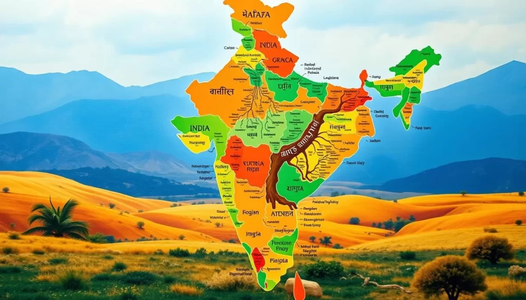 A vibrant map of India unfolds, showcasing the diverse language families that make up the nation's rich linguistic tapestry. In the foreground, distinct regional dialects and scripts are represented through intricate iconography, each element meticulously crafted. The middle ground features a visually striking array of language family trees, their branches intertwining to form a harmonious whole. In the background, a serene landscape painted in warm, earthy tones serves as a peaceful backdrop, evoking the harmony and unity that underpin India's linguistic diversity. The scene is bathed in soft, natural lighting, creating a sense of balance and cohesion. The overall composition is both informative and visually captivating, inviting the viewer to explore the rich linguistic tapestry that defines the heart of India.