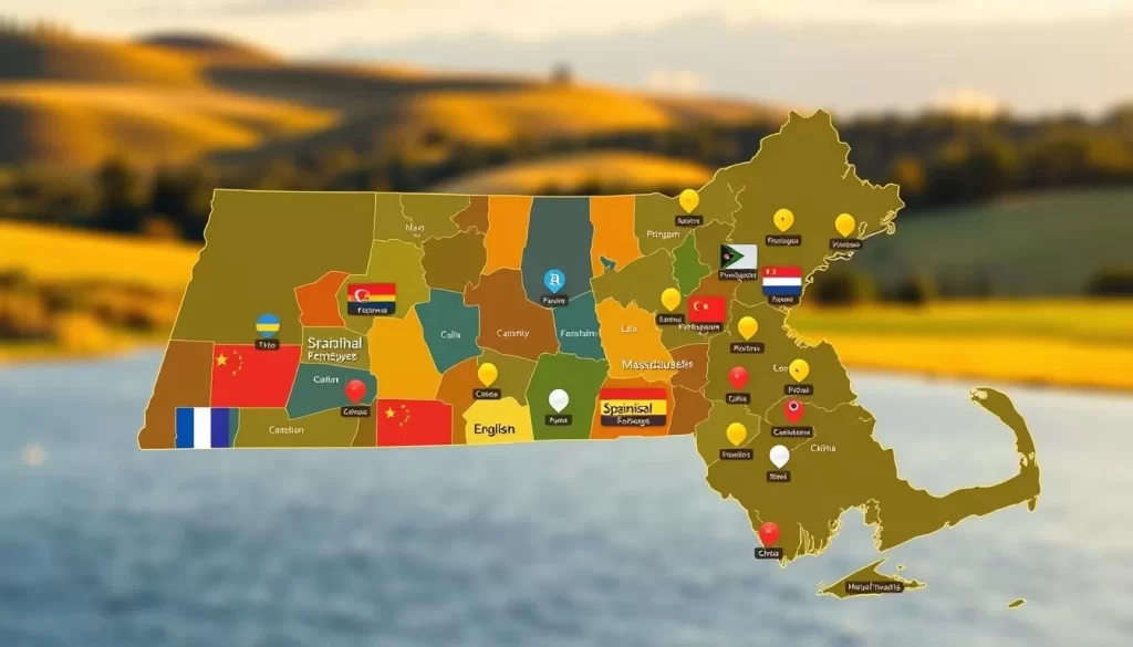 A vibrant map of Massachusetts, showcasing the diverse languages spoken across the state. In the foreground, a detailed outline of the state's regions, illuminated by warm, natural lighting. Overlaying the map, icons representing the most widely used languages - English, Spanish, Portuguese, Chinese, and more - are strategically placed, their sizes proportional to the prevalence of each language in the corresponding region. The background features a softly blurred landscape, capturing the scenic beauty of Massachusetts' rolling hills and coastlines. The overall composition conveys the richness and multiculturalism of the state, inviting the viewer to explore the linguistic tapestry of this dynamic American region.