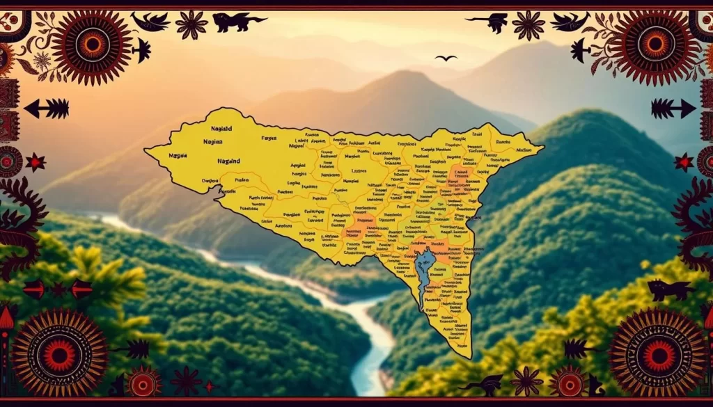 A vibrant map of Nagaland's linguistic diversity, showcasing the intricate web of tribal languages across the region. In the foreground, distinct tribal symbols and patterns frame the map, highlighting the unique cultural identities of each community. The middle ground features the geographical contours of Nagaland, with rivers, hills, and lush green forests providing a natural backdrop. The background is illuminated by warm, soft lighting, creating a harmonious and inviting atmosphere that captures the essence of this multilingual state. The overall composition conveys the rich linguistic heritage of the Naga tribes, inviting the viewer to explore and appreciate the nuances of this vibrant cultural tapestry.