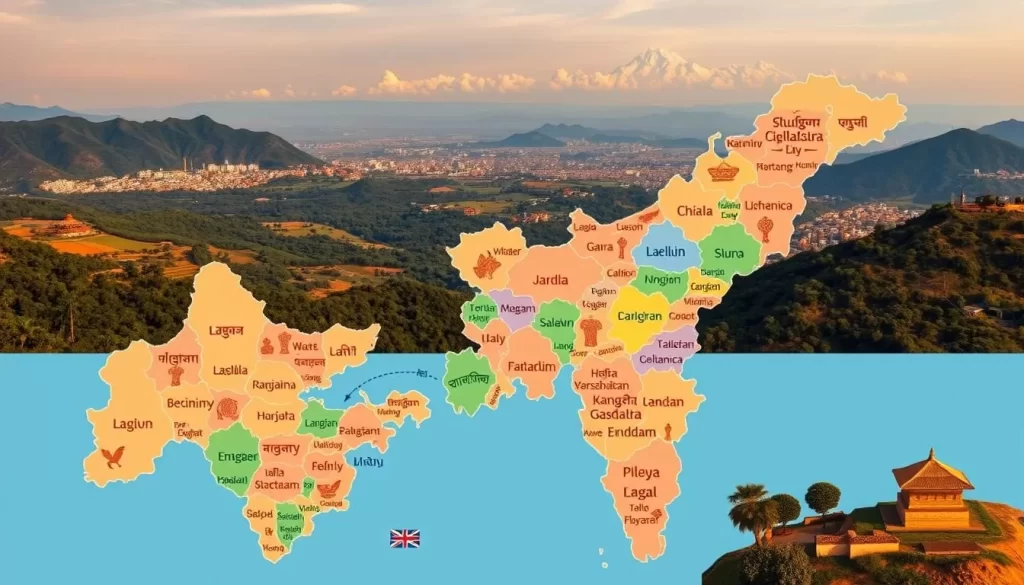 A vibrant map of West Bengal, India, showcasing the diverse linguistic landscape. In the foreground, a detailed illustration of the state's administrative divisions, each region highlighted with its primary spoken language. In the middle ground, a tapestry of cultural symbols, from ornate Bengali script to regional folk art, weaving together the rich linguistic heritage. In the background, a panoramic vista of lush green landscapes, bustling cities, and the majestic Himalayas, conveying the grandeur and unity of this multilingual state. Captured in a soft, warm lighting, the image evokes a sense of cultural celebration and unity in diversity.