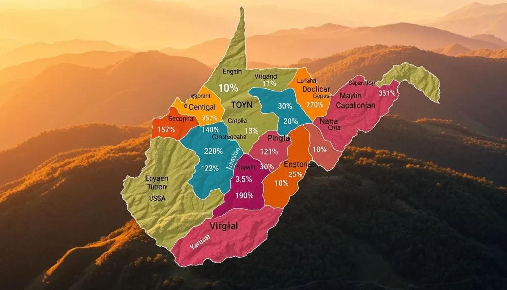 A vibrant map of West Virginia, showcasing its diverse linguistic landscape. The foreground features a detailed topographical representation of the state, with rolling hills, winding rivers, and lush forests. In the middle ground, colorful data visualizations depict the percentages of speakers for various languages, including English, Spanish, and Appalachian dialects, providing a clear overview of the region's linguistic diversity. The background is illuminated by a warm, golden light, creating a sense of tranquility and natural beauty, reflecting the unique character of West Virginia. The overall composition conveys the richness and nuance of the state's linguistic tapestry, inviting the viewer to explore and appreciate the cultural depth of this Appalachian region.