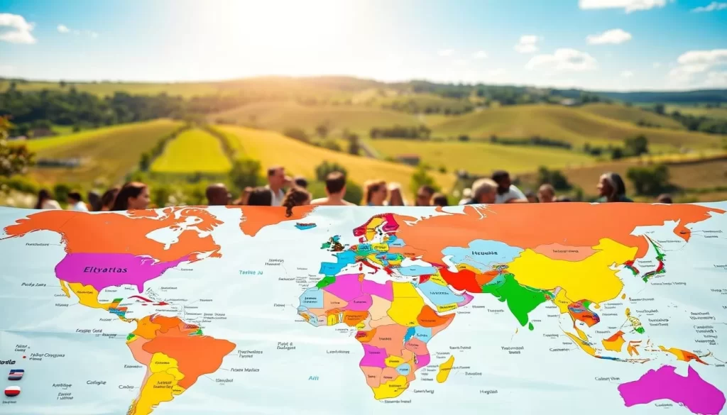 A vibrant map of the world spanning the foreground, showcasing the diverse languages spoken across the globe. In the middle ground, clusters of people of various ethnicities engaged in lively conversations, their expressions animated and their gestures expressive. The background features a serene, sun-dappled landscape, with rolling hills, lush greenery, and a clear blue sky, creating a welcoming and inclusive atmosphere. Lighting is natural and warm, with a slight depth of field to focus the viewer's attention on the central elements. The overall composition conveys the richness and interconnectedness of the world's linguistic tapestry.