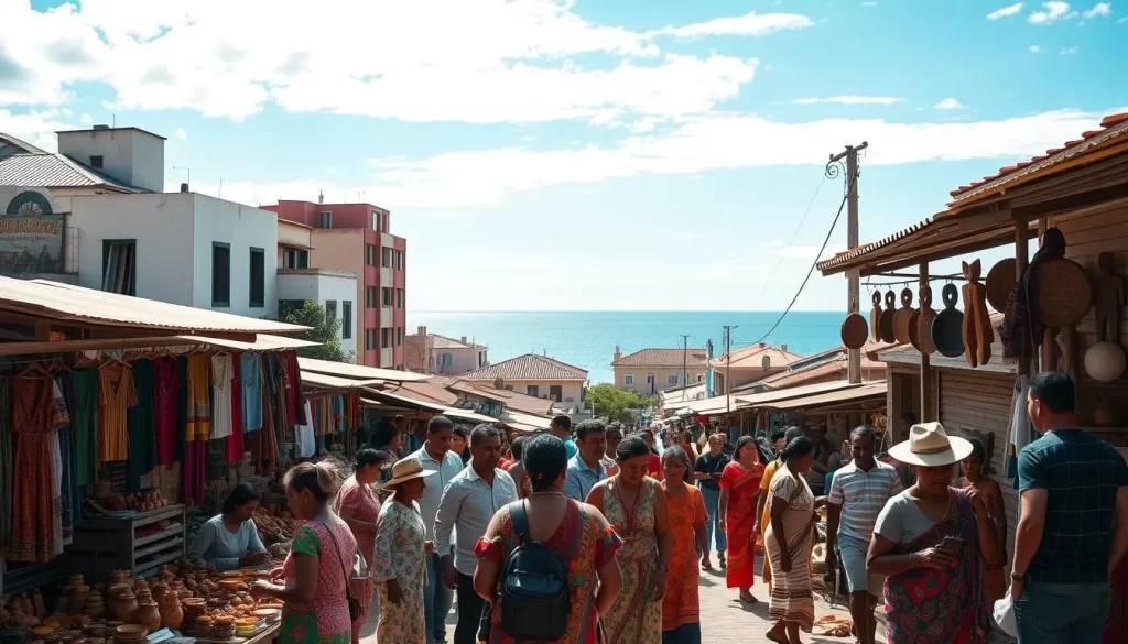 A vibrant marketplace in Dili, the bustling capital of Timor-Leste. Colorful textiles, intricate wood carvings, and traditional ceramic wares fill the stalls, offering a glimpse into the country's rich cultural heritage. In the foreground, locals in vibrant, traditional dress haggle with tourists, their lively interactions a testament to the warm hospitality of the Timorese people. The middle ground features a mix of modern and colonial-era architecture, creating a unique visual tapestry. In the background, the blue waters of the Timor Sea glisten under a bright, sun-dappled sky, framing the scene with a serene, natural beauty. Capture the essence of Timor-Leste's cultural landscape through this immersive, cinematic image.
