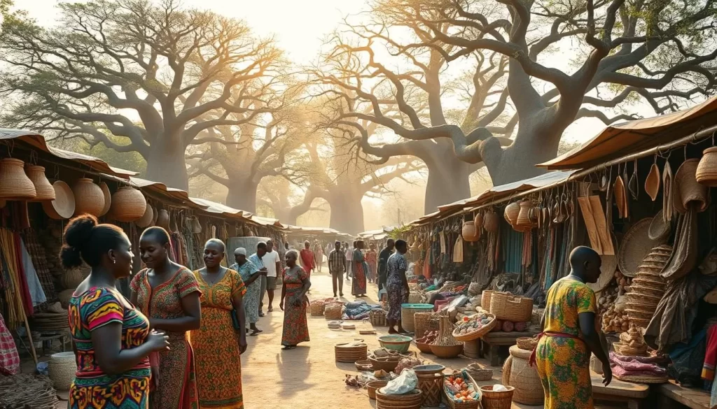 A vibrant marketplace in the heart of Iringa, Tanzania, bustling with local artisans showcasing their intricate handmade crafts. In the foreground, a group of women in colorful traditional attire barter and exchange goods, their lively conversations filling the air. The middle ground features stalls displaying an array of woven baskets, intricate wood carvings, and vibrant textiles. In the background, towering baobab trees cast gentle shadows, creating a warm, natural ambiance. Warm, golden sunlight filters through, illuminating the scene and evoking a sense of cultural immersion. Capture the essence of Iringa's vibrant cultural experience through this vibrant, lively, and authentic depiction.