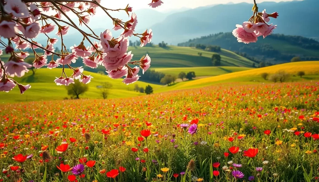 A vibrant meadow in Taitung, Taiwan, bathed in the warm glow of spring sunshine. In the foreground, delicate cherry blossoms sway gently, their soft pink petals drifting on the breeze. The middle ground is a lush carpet of wildflowers in a riot of colors - vibrant reds, lush purples, and sunny yellows. In the distance, rolling green hills dotted with trees form a serene backdrop, hazy blue mountains rising up on the horizon. The scene is captured with a crisp, wide-angle lens, inviting the viewer to step into the tranquil paradise. The overall mood is one of calm, beauty, and the renewal of the natural world.