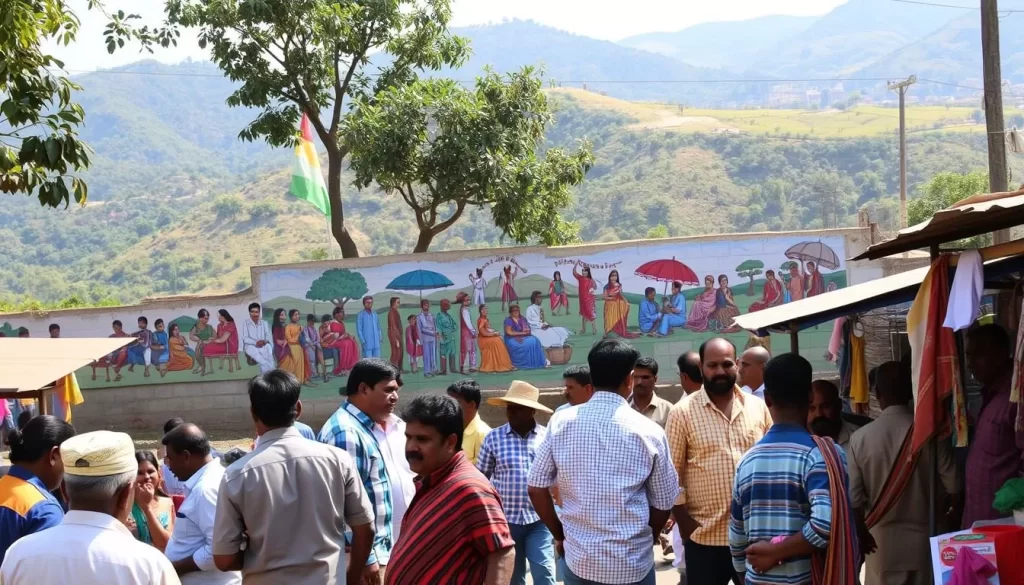A vibrant mix of languages intertwined, forming a tapestry of cultural exchange along the border regions of Andhra Pradesh. In the foreground, a bustling marketplace with vendors conversing in dialects unique to the area, their gestures and expressions conveying the rhythm of daily life. In the middle ground, a mural depicting the diverse linguistic heritage, blending Telugu, Urdu, and indigenous tribal tongues. The background showcases the lush, verdant landscape, where hills and valleys serve as natural borders, yet also facilitate the flow of ideas and traditions across these linguistic frontiers. Warm, diffused sunlight bathes the scene, creating a sense of harmony and interconnectedness among the various linguistic communities coexisting in this vibrant region.