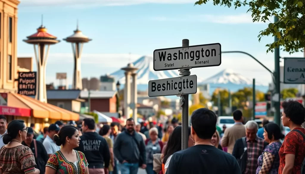 A vibrant montage of diverse linguistic communities in Washington State, captured on a picturesque day. In the foreground, a bustling street scene with people conversing in various languages, their colorful traditional attire adding visual richness. The middle ground features a bilingual street sign, highlighting the state's commitment to inclusivity. In the background, iconic landmarks like the Space Needle and Mount Rainier create a recognizable Pacific Northwest backdrop, framing the multilingual mosaic. Warm, diffused lighting and a slight depth of field enhance the sense of immersion, inviting the viewer to experience the linguistic diversity that defines the Evergreen State.