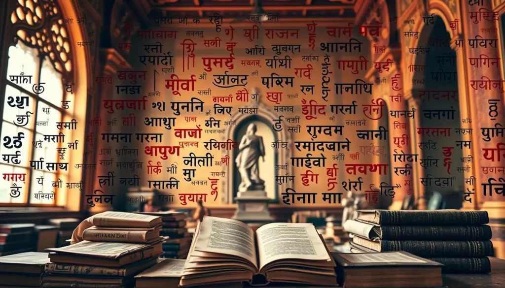 A vibrant mosaic of India's linguistic diversity, showcasing a tapestry of scripts and dialects against a backdrop of ornate architectural details. Intricate Devanagari, Bengali, and Tamil characters dance across the frame, illuminated by warm, natural lighting that filters through expansive windows. In the foreground, a collection of antique books and weathered parchments pays homage to the rich literary heritage, while the middle ground features a graceful statue or carving that exemplifies the cultural interplay of the nation's many languages. The overall atmosphere exudes a sense of timeless wonder and scholarly contemplation, inviting the viewer to delve into the fascinating facts of India's linguistic landscape.
