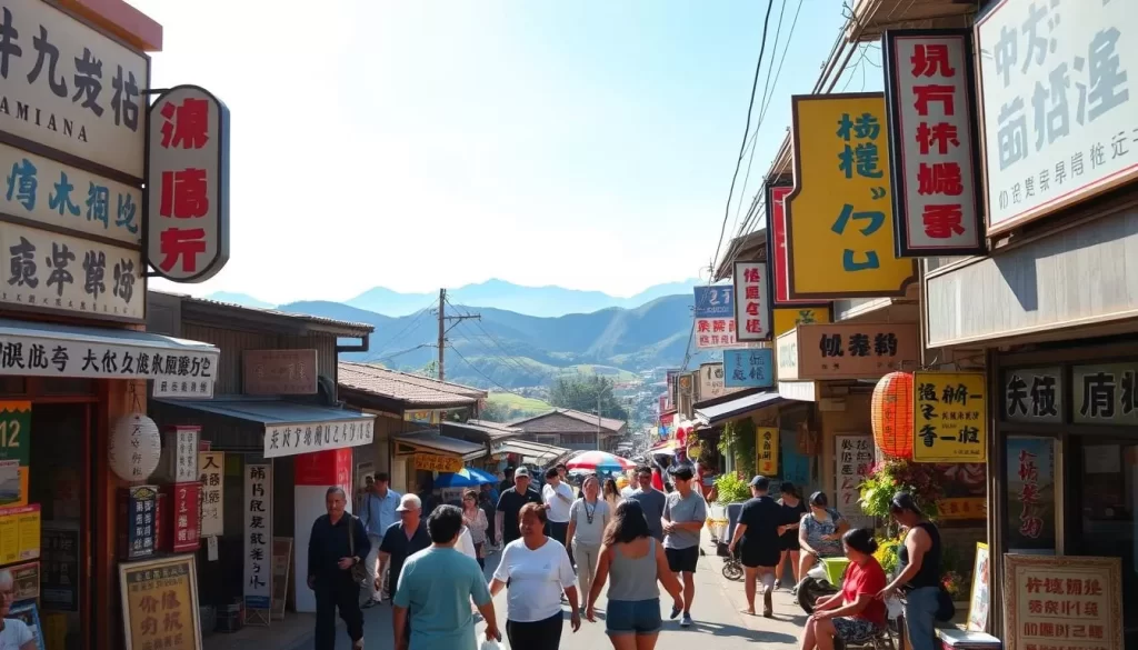 A vibrant mosaic of diverse languages flows through the streets of Taitung County, Taiwan. In the foreground, intricate Chinese characters and dynamic Taiwanese signage adorn local shops and eateries. In the middle ground, groups of people converse in a tapestry of indigenous Austronesian dialects, their animated gestures and expressions adding to the lively atmosphere. In the background, rolling hills and a serene blue sky provide a picturesque natural setting, hinting at the region's rich cultural heritage. Warm, diffused sunlight illuminates the scene, casting a golden glow and highlighting the harmonious coexistence of multiple linguistic traditions within this stunning coastal landscape.