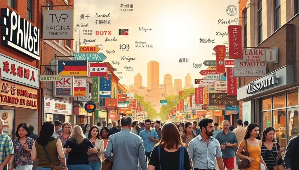 A vibrant mosaic of diverse linguistic expressions, cascading through the bustling streets of Missouri. In the foreground, pedestrians converse in a kaleidoscope of dialects, their lively gestures and expressions capturing the richness of the state's multilingual tapestry. The middle ground reveals storefronts adorned with signage in multiple scripts, reflecting the broad spectrum of cultures that call Missouri home. In the background, a sun-dappled skyline serves as a serene backdrop, suggesting the harmonious coexistence of this linguistic symphony. Soft, warm lighting illuminates the scene, evoking a sense of welcoming and community. The overall composition conveys the dynamic, inclusive nature of language diversity in Missouri.
