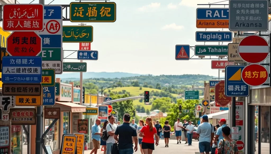 A vibrant mosaic of global languages, the image showcases the diversity of dialects spoken in Arkansas. In the foreground, a colorful array of road signs, street banners, and storefronts display scripts from around the world - Mandarin, Arabic, Tagalog, Farsi, and more. The middle ground features a bustling city streetscape, with people of various ethnicities engaged in lively conversation. In the background, a scenic vista of rolling hills and lush greenery sets a serene, welcoming tone. The warm, natural lighting and clean, crisp composition convey a sense of harmony and inclusivity, reflecting the rich linguistic tapestry of Arkansas.