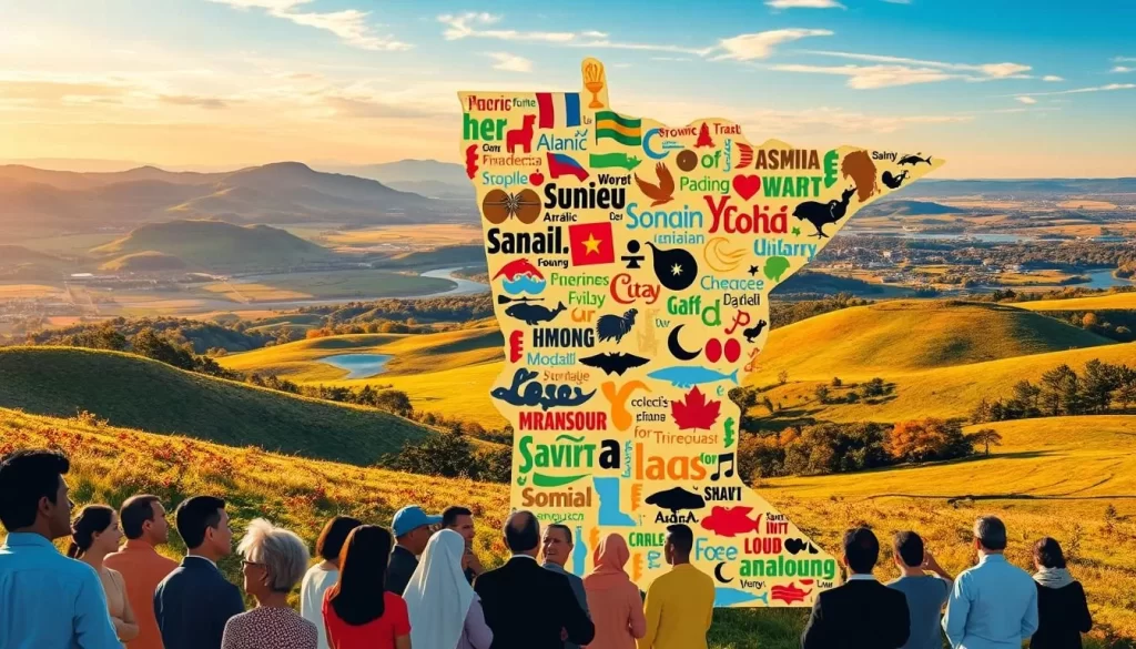 A vibrant mosaic of languages spoken in Minnesota, with the state's silhouette as the backdrop. In the foreground, a diverse group of people conversing in their native tongues - English, Spanish, Hmong, Somali, Arabic, and more. The middle ground features stylized icons and symbols representing these various languages, creating a harmonious visual symphony. The background showcases a picturesque Minnesotan landscape, with rolling hills, lakes, and a clear blue sky illuminated by warm, natural lighting. The overall composition conveys the rich linguistic and cultural tapestry that defines the state, inviting the viewer to explore and appreciate the multilingual nature of Minnesota.
