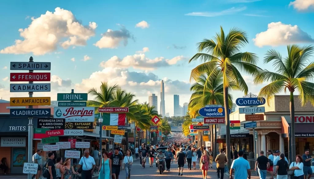 A vibrant mosaic of languages, the linguistic landscape of Florida unfolds against a backdrop of azure skies and lush palm trees. In the foreground, a diverse array of signage showcases the state's multilingual tapestry, with Spanish, English, and other tongues intertwining in a harmonious display. The middle ground captures the bustling streets, where people of varying cultural backgrounds converse animatedly, their voices echoing the rich heritage of this sun-drenched land. In the distance, the iconic silhouettes of iconic Florida landmarks stand as silent witnesses to the ever-evolving linguistic symphony that defines this unique state. Bathed in warm, golden light, the scene conveys a sense of unity and vibrancy, reflecting the multifaceted nature of Florida's linguistic identity.
