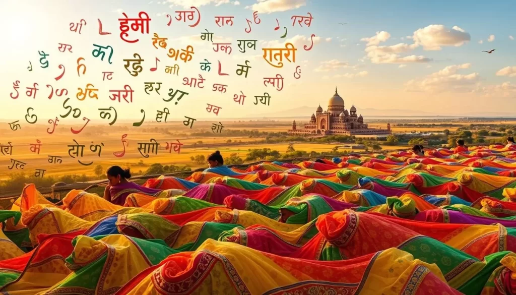 A vibrant mosaic of languages, the linguistic tapestry of India unfolds in a tableau of rich diversity. Against the backdrop of a sun-dappled landscape, a kaleidoscope of regional scripts swirls, each a unique expression of cultural heritage. In the foreground, characters from the Devanagari, Tamil, Bengali, and Gurmukhi scripts dance across the canvas, their intricate forms intertwining in a symphony of sounds. In the middle ground, a patchwork of billowing saris and kurtas in vivid hues reflects the multitude of dialects that permeate the nation. The distant horizon is dotted with majestic peaks and domes, a testament to the extraordinary linguistic diversity that defines the heart of India.