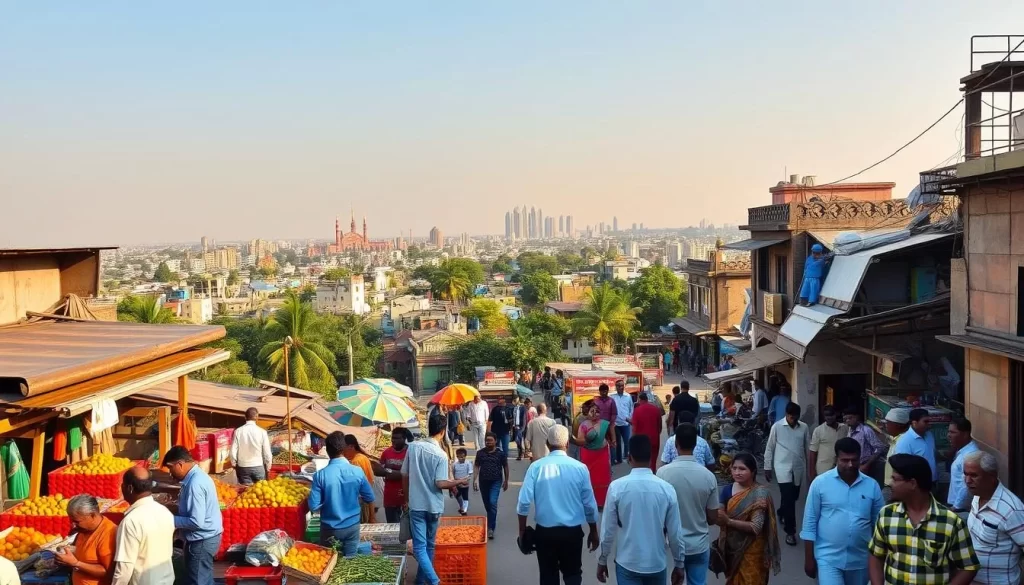 A vibrant mosaic of regional Hindi dialects, captured in a harmonious landscape. In the foreground, a lively market scene showcases the diversity of local linguistic expressions, with vendors engaging in animated conversations. In the middle ground, a bustling street scene depicts the organic intermingling of various Hindi accents and idioms, as pedestrians move through the urban environment. The background features a panoramic view of the city, its skyline a testament to the unifying power of the Hindi language, binding together the distinct regional variations that coexist within its embrace. Warm afternoon sunlight bathes the scene, lending a sense of unity and cultural richness to this portrayal of the linguistic tapestry that is Hindi in Madhya Pradesh.