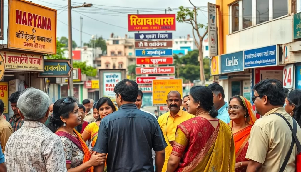 A vibrant, multicultural scene showcasing the linguistic diversity of Haryana, India. In the foreground, a group of people from different ethnic backgrounds engage in lively conversations, their gestures and expressions reflecting the rich tapestry of languages spoken. In the middle ground, signboards and storefronts display a variety of scripts and scripts, hinting at the array of dialects and mother tongues that thrive in this region. The background features a picturesque urban landscape, with modern and traditional architectural elements blending harmoniously. Warm, natural lighting bathes the scene, creating a welcoming and inclusive atmosphere. The overall composition conveys the vibrant, multilingual essence of Haryana's linguistic landscape.