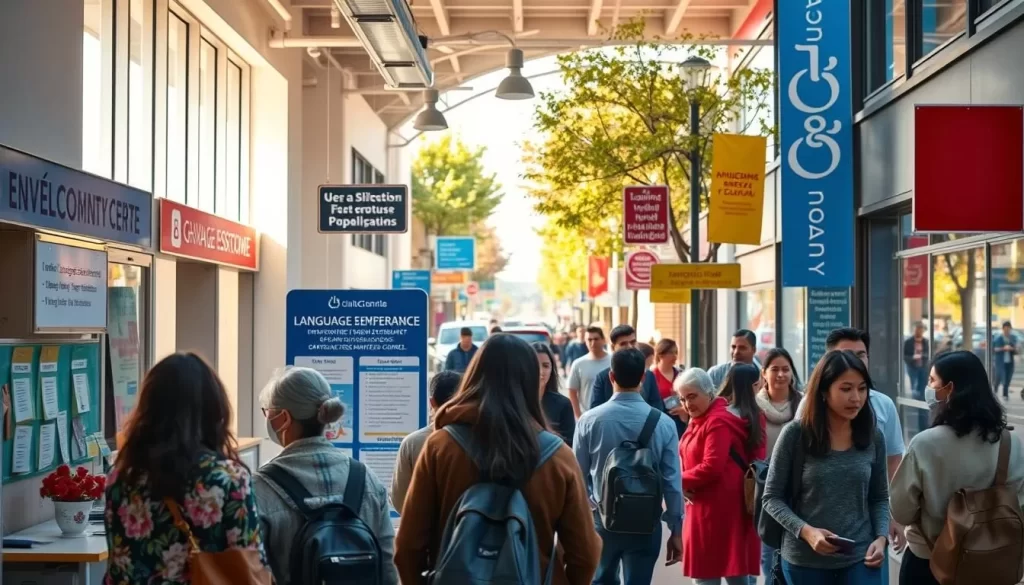 A vibrant, multicultural urban setting with immigrants from diverse backgrounds seeking language assistance. In the foreground, a welcoming community center with a bright, airy interior and a friendly staff guiding visitors to various language support services. The middle ground showcases bilingual signage, translation resources, and language classes in progress. In the background, a bustling street scene with pedestrians of different ethnicities, reflecting the rich tapestry of Idaho's immigrant population. Warm, natural lighting filters through large windows, creating a sense of inclusivity and empowerment. The overall atmosphere conveys a harmonious community where language barriers are overcome through accessible, supportive resources.