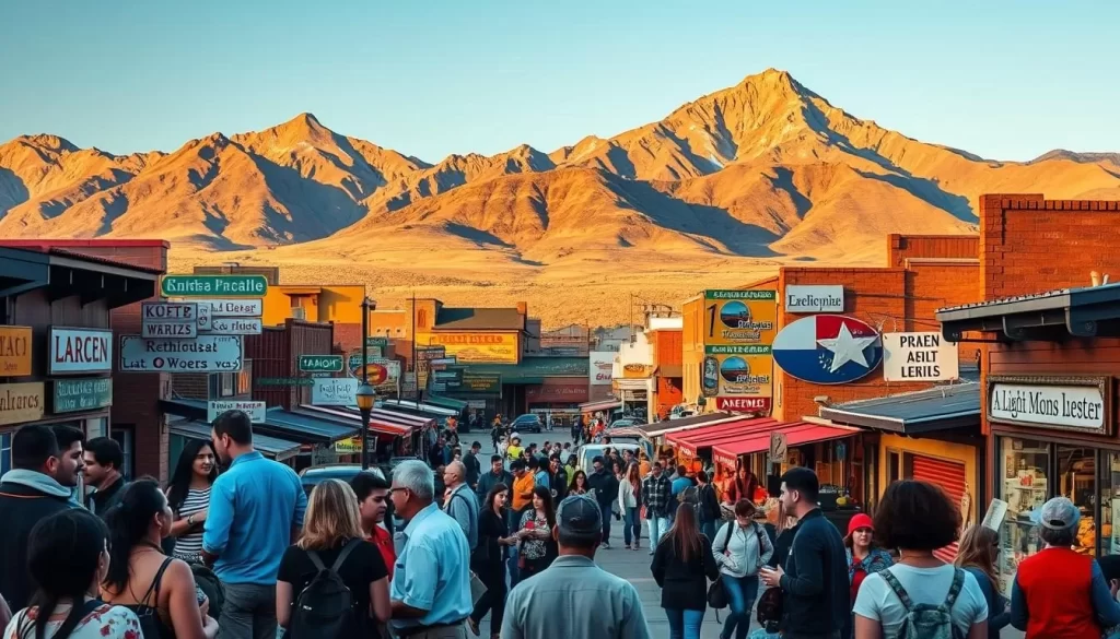 A vibrant, multilingual landscape in Wyoming showcasing the diversity of languages beyond the top 5. In the foreground, people of various backgrounds converse animatedly, their words echoing like a symphony of tongues. The middle ground features a bustling town square, with storefronts and street vendors displaying signs in a kaleidoscope of scripts. In the background, majestic mountains rise, their peaks bathed in warm, golden sunlight that illuminates the scene. The overall atmosphere is one of cultural richness, harmony, and the celebration of linguistic diversity.