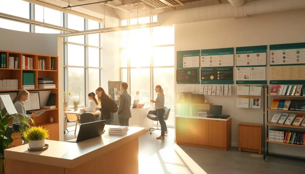 A vibrant multilingual office bustling with activity, the sun streaming through large windows illuminating the diverse array of language services and resources available. In the foreground, a welcoming reception desk manned by a polyglot team, ready to assist visitors in a range of languages. The middle ground showcases translation booths, interpreters, and language learning materials, catering to the needs of a global community. In the background, a wall-mounted display showcases informative brochures and signage, providing a comprehensive overview of the language assistance offered. Warm, inviting lighting and a clean, modern aesthetic create an atmosphere of professionalism and inclusion.