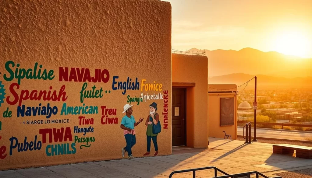 A vibrant mural adorns the side of a sun-drenched adobe building, showcasing the linguistic diversity of New Mexico. In the foreground, bold brushstrokes depict the distinctive scripts of Spanish, English, and Native American languages like Navajo, Pueblo, and Tiwa. The mid-ground features lively scenes of locals conversing, their gestures and expressions reflecting the rich cultural exchange. In the background, a panoramic vista of the majestic Sangre de Cristo Mountains sets the stage, bathed in soft, golden light. The overall scene conveys the harmony and dynamism of New Mexico's multilingual landscape.