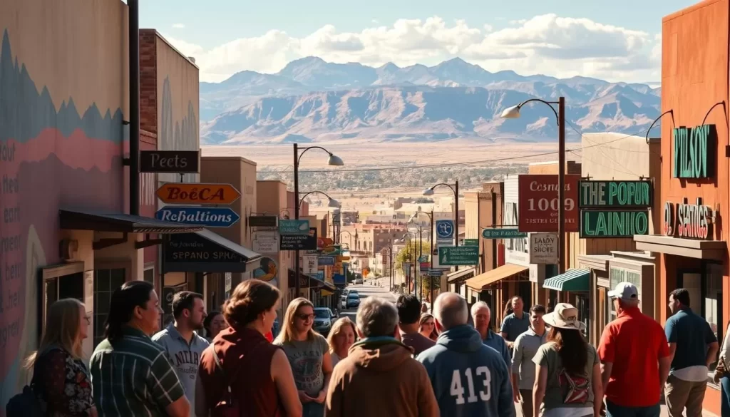 A vibrant mural adorns the walls of a bustling New Mexican city, showcasing the linguistic diversity that has shaped the region. In the foreground, a group of people converse in animated gestures, their native tongues blending into a harmonious chorus. The middle ground depicts street signs and storefronts displaying a variety of scripts, from the familiar English to the intricate Navajo and the flowing Spanish. In the background, the stunning landscape of mountains and desert unfolds, a testament to the rich cultural tapestry that has been woven into the fabric of this unique place. Warm sunlight bathes the scene, creating an atmosphere of welcoming and celebration of the many voices that call New Mexico home.