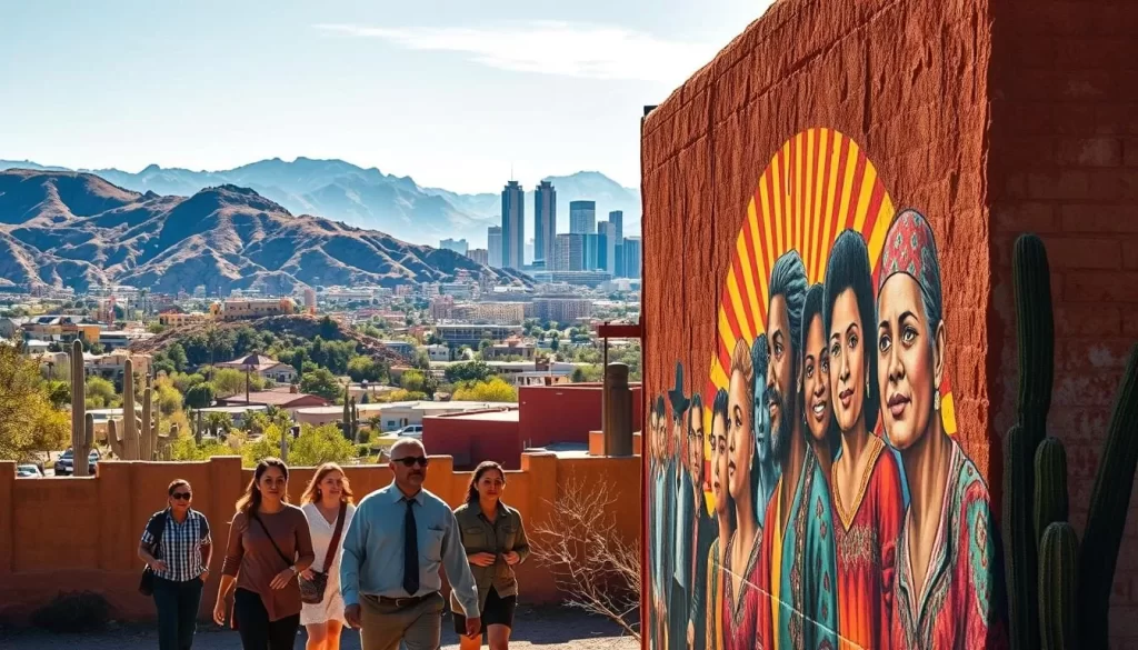 A vibrant mural depicting Arizona's immigration history adorns the side of a weathered adobe building. In the foreground, figures of diverse backgrounds stride purposefully, their faces etched with determination. Sunlight dapples the scene, casting warm shadows that blend with the vibrant hues of traditional Southwestern architecture. In the middle ground, a bustling city skyline rises, its gleaming glass and steel towers a testament to the dynamic growth fueled by successive waves of immigration. In the distance, the rugged Sonoran Desert frames the scene, its rolling hills and saguaro cacti serving as a timeless backdrop to this evolving tapestry of cultures. The overall atmosphere conveys a sense of progress, resilience, and the enduring spirit of Arizona's diverse communities.