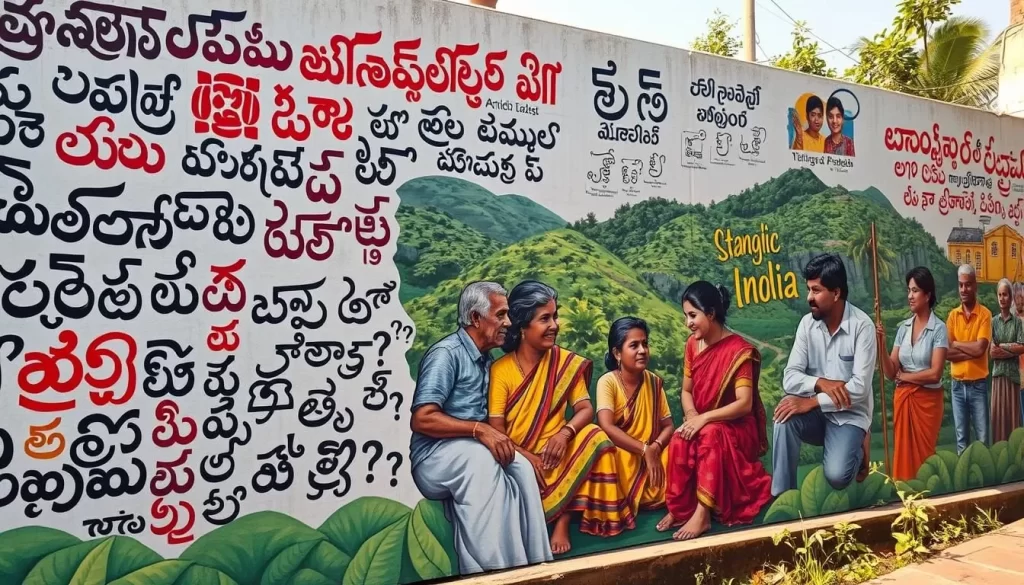 A vibrant mural depicting the diverse Telugu dialects found across Andhra Pradesh, India. In the foreground, intricate calligraphic scripts dance across the canvas, representing the unique linguistic variations. In the middle ground, portraits of local people engaged in lively conversations, their expressions and gestures conveying the richness of regional dialects. The background showcases the lush, verdant landscapes of Andhra Pradesh, framing the scene with a sense of cultural immersion. Warm, natural lighting illuminates the scene, evoking a sense of harmony and authenticity. Captured with a wide-angle lens to encompass the breadth of linguistic diversity within the state.