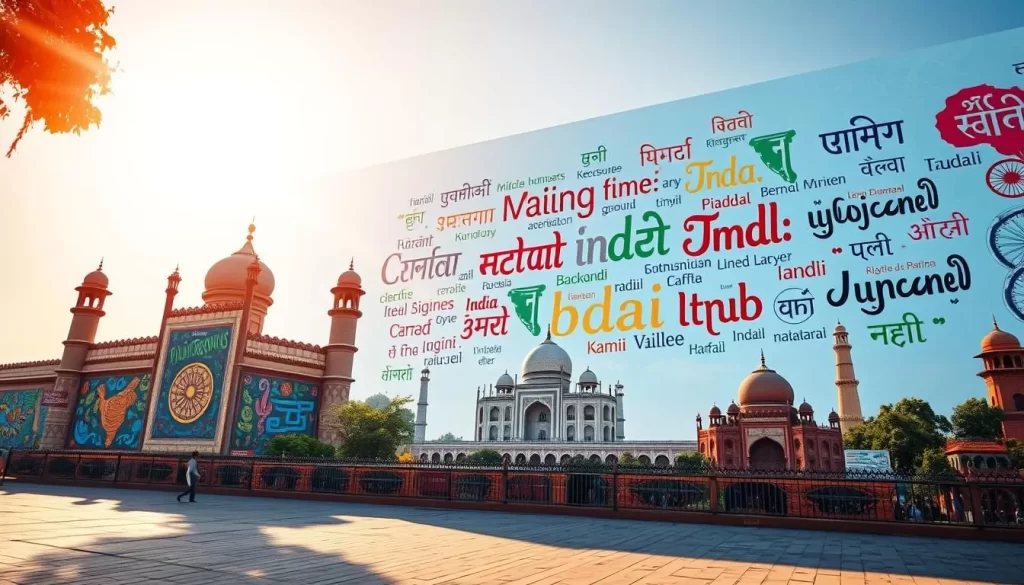 A vibrant mural depicting the diverse languages of India, set against a backdrop of iconic architectural elements. In the foreground, a kaleidoscope of colorful scripts and glyphs representing the official and widely spoken languages, each uniquely styled and intertwined. The middle ground showcases traditional Indian motifs and patterns, creating a harmonious visual tapestry. In the background, the silhouettes of famous landmarks, such as the Taj Mahal and the Red Fort, stand tall, symbolizing the rich cultural heritage of the nation. The scene is bathed in warm, golden sunlight, evoking a sense of energy and celebration.