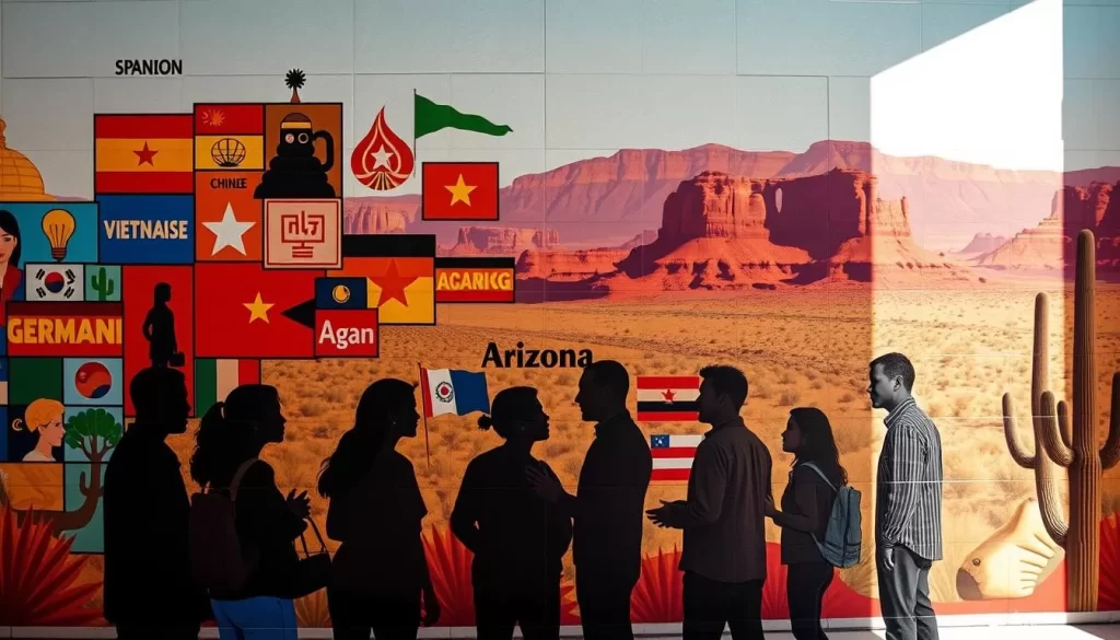 A vibrant mural depicting the diverse languages spoken in Arizona, USA. In the foreground, a collage of colorful icons and symbols representing the top 10 languages besides English - Spanish, Navajo, Chinese, Vietnamese, German, Tagalog, Arabic, French, Korean, and Russian. In the middle ground, silhouettes of people conversing in these languages, their faces and gestures conveying a sense of cultural exchange. The background features a panoramic view of the Arizona landscape, with the state's iconic landmarks like the red rock formations and saguaro cacti. The scene is bathed in warm, natural lighting, creating a lively and inclusive atmosphere. The overall composition celebrates the linguistic diversity that thrives in this Southwestern state.