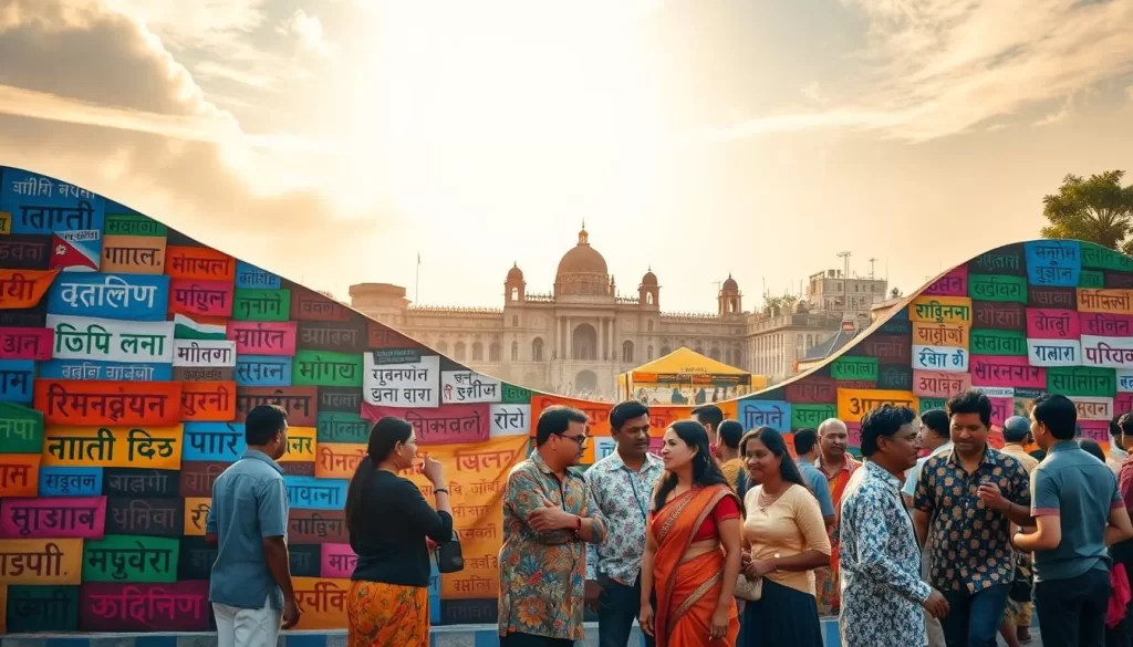 A vibrant mural depicting the diverse linguistic tapestry of West Bengal, India. In the foreground, a kaleidoscope of colorful script-filled banners representing Bengali, Hindi, Urdu, Nepali, Santhali, and other widely spoken languages. In the middle ground, people from various cultural backgrounds converse animatedly, their gestures and expressions conveying the richness of multilingual exchange. The background showcases the iconic architecture of Kolkata, bathed in warm, golden sunlight that filters through wispy clouds. The overall scene radiates a sense of harmony and celebration of the region's linguistic pluralism.