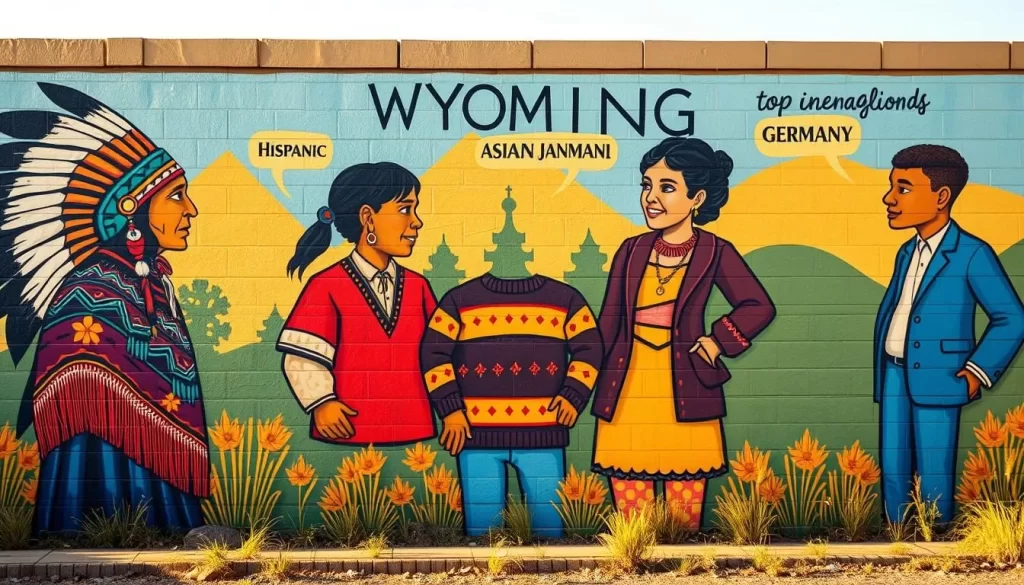 A vibrant mural depicting the linguistic diversity of Wyoming, with five characters representing the top non-English languages. In the foreground, a Native American person speaking in a Native language. In the middle ground, a Hispanic person conversing in Spanish, and an Asian person speaking in Mandarin. In the background, a European person chatting in German, and an African person communicating in French. Warm, natural lighting casts a harmonious glow over the scene, capturing the multicultural essence of the state. The overall atmosphere conveys a celebratory and inclusive spirit.