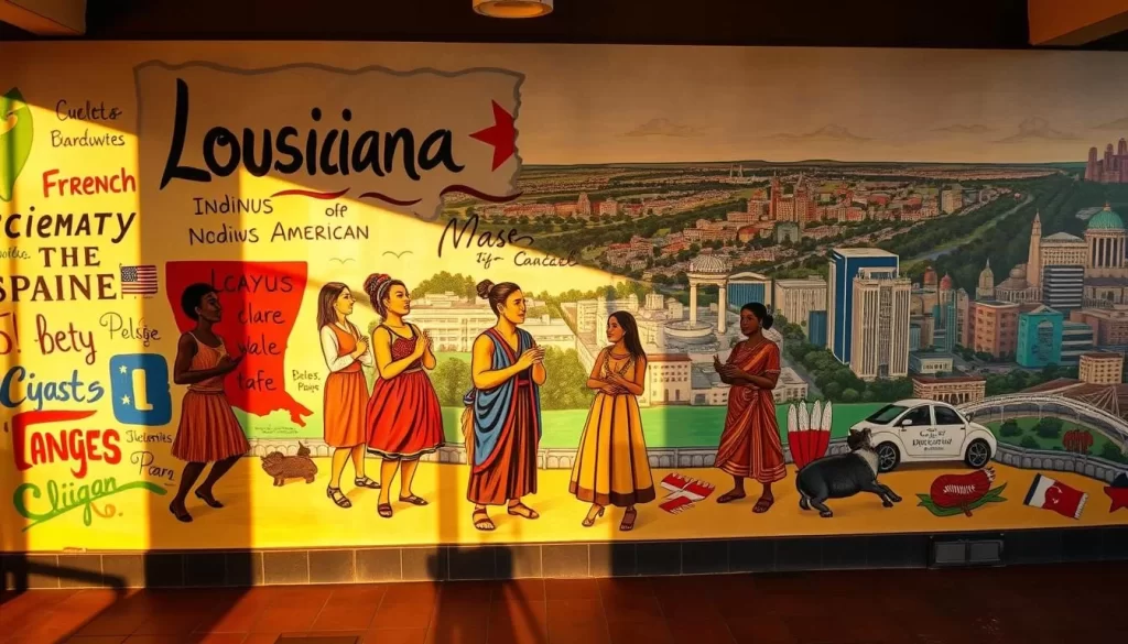 A vibrant mural showcasing the diverse languages of Louisiana, illuminated by warm, natural lighting. In the foreground, bold brushstrokes depict symbols and scripts representing French, Spanish, and indigenous Native American tongues. The middle ground features figures in traditional dress, each speaking and gesturing expressively. In the background, a panoramic view of the state's iconic landscapes - from the lush bayous to the bustling cityscapes. The overall scene conveys the rich linguistic tapestry and cultural heritage of this unique region. Captured with a wide-angle lens to encapsulate the breadth of Louisiana's linguistic landscape.
