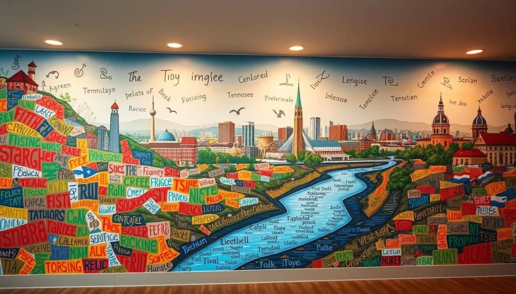 A vibrant mural showcasing the diverse languages of Tennessee's immigrant communities. In the foreground, a mosaic of colorful script and symbols represents the rich linguistic tapestry woven through the state's history. Flowing through the middle ground, a river of words in various scripts and dialects converges, symbolizing the evolution and integration of these languages. In the background, a panoramic view of urban and rural landscapes, with architectural elements and natural landmarks that reflect the state's cultural heritage. Warm, diffused lighting bathes the scene, creating a sense of harmony and celebration of Tennessee's linguistic diversity.