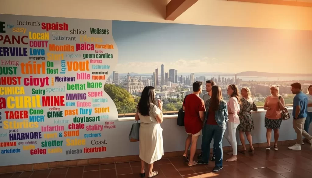 A vibrant mural showcasing the diverse languages spoken across North Carolina's towns and cities. In the foreground, colorful words and phrases dance across the wall, representing the state's prevalent tongues like English, Spanish, and Mandarin. The middle ground features local residents of various backgrounds engaged in lively conversation, their body language and expressions conveying the rich cultural tapestry. In the background, a panoramic view of the state's iconic landmarks, from the majestic Blue Ridge Mountains to the sun-drenched coastal regions, creating a sense of place. Warm, natural lighting illuminates the scene, evoking a welcoming and inclusive atmosphere. Captured with a wide-angle lens to showcase the breadth of North Carolina's linguistic diversity.
