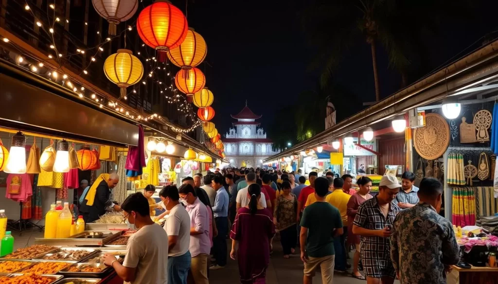 A vibrant night market in Kota Bharu, Malaysia, bustling with local vendors selling an array of authentic street food, handicrafts, and textiles. Twinkling lights and colorful lanterns hang overhead, casting a warm glow on the bustling crowds. In the foreground, stalls brimming with fragrant curries, skewered meats, and freshly squeezed juices tempt passersby. The middle ground reveals lively crowds haggling with merchants, examining handmade batik fabrics and intricate wood carvings. In the background, traditional Malay architecture and the silhouettes of palm trees create a picturesque, atmospheric scene. The overall mood is vibrant, immersive, and quintessentially Kota Bharu.