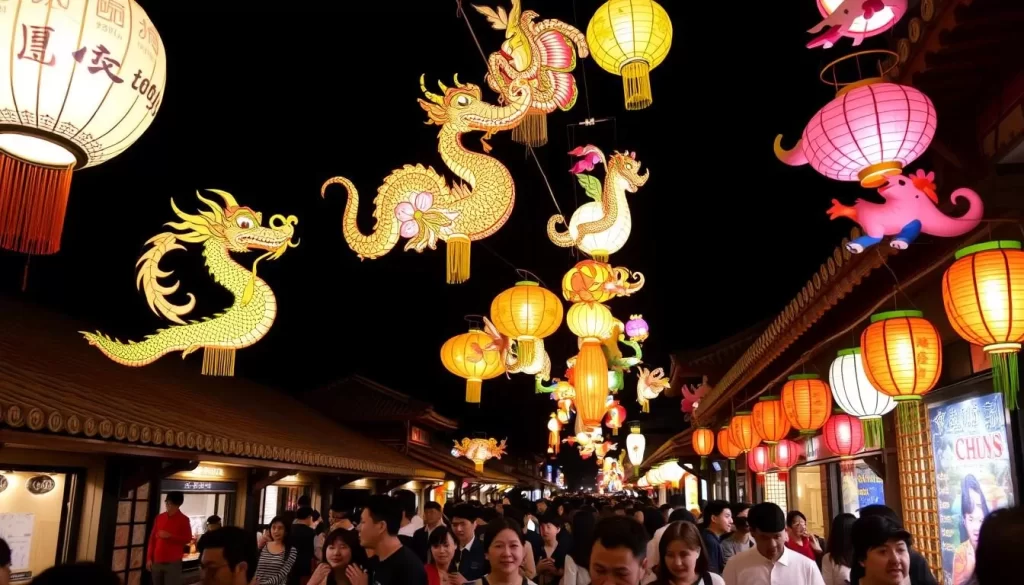 A vibrant night scene of the Miaoli Lantern Festival in Taiwan. Intricate paper lanterns in the shapes of dragons, flowers, and animals float gracefully above the bustling crowd. Warm lantern light casts a soft glow across the faces of the people as they stroll through the streets, admiring the colorful displays. In the background, traditional Taiwanese architecture with ornate tiled roofs lines the narrow alleys, adding to the cultural ambiance. A sense of wonder and festivity permeates the air, capturing the essence of this beloved annual celebration.