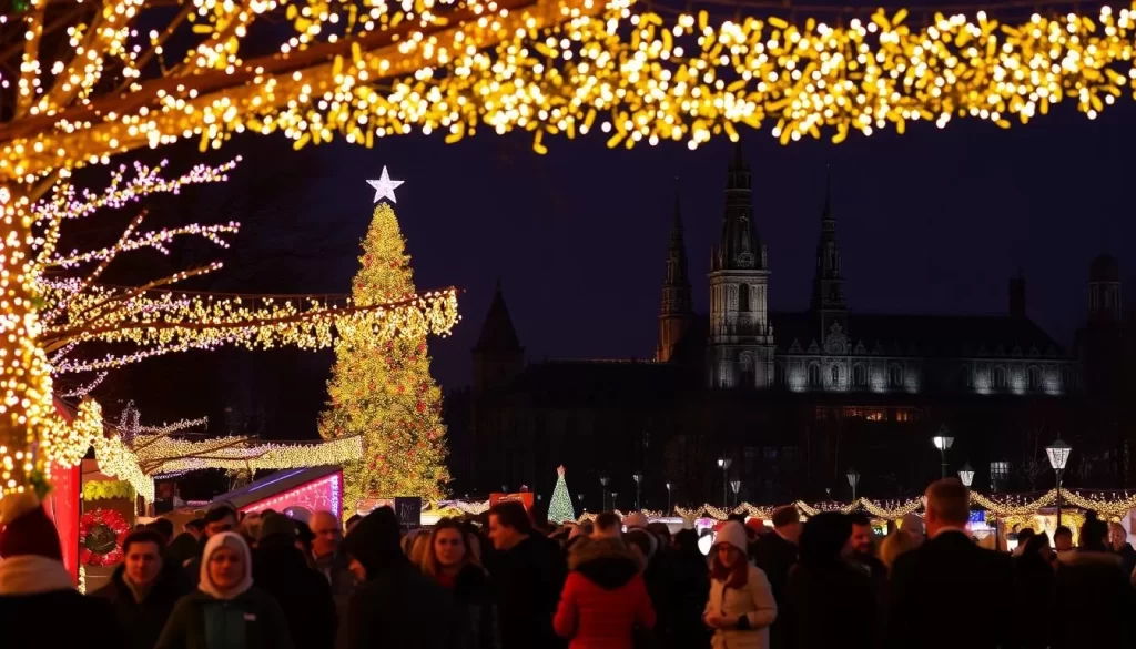 A vibrant nighttime scene of a lively winter festival, with strings of twinkling lights adorning the surrounding trees and buildings. In the foreground, a crowd of people strolls along a path, admiring the colorful illuminations and enjoying the festive atmosphere. In the middle ground, a large, beautifully decorated Christmas tree stands tall, its branches aglow with a warm, golden light. In the background, the silhouettes of historic architecture can be seen, adding a sense of elegance and tradition to the scene. The overall mood is one of wonder, excitement, and the joyful spirit of the holiday season.