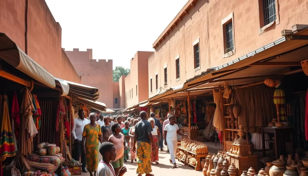 A vibrant open-air market in the heart of Bassar, Togo, bustling with local artisans and vendors showcasing the region's rich cultural heritage. Colorful handwoven fabrics, intricate woodcarvings, and traditional pottery line the stalls, capturing the essence of Bassar's artisanal legacy. In the background, the iconic mud-brick architecture of historic buildings frames the scene, evoking a timeless atmosphere. Warm sunlight filters through the shaded walkways, casting a golden glow over the lively interactions between locals and visitors alike. This visual tapestry invites you to immerse yourself in the vibrant cultural tapestry of Bassar.