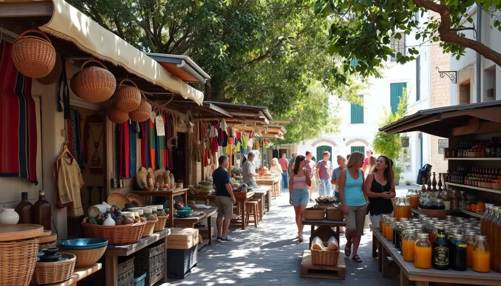 A vibrant open-air market on a quaint village square, sunlight filtering through the trees. Wooden vendor stalls display an array of locally-crafted goods - handwoven textiles, pottery, artisanal preserves, and fresh produce. Woven baskets, colorful ceramics, and jars of olive oil and honey catch the eye. A gentle breeze rustles the leaves as shoppers browse the selection, chatting with friendly vendors. Capture the authentic atmosphere of this charming island marketplace, showcasing the unique local products and traditions.