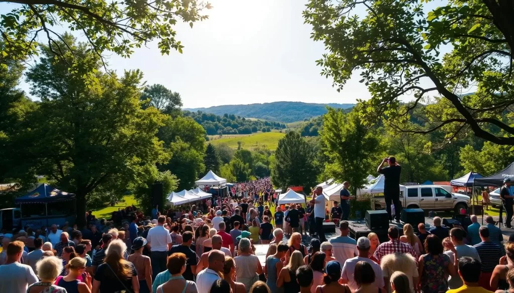 A vibrant open-air music festival in the heart of a lush, verdant setting. In the foreground, a stage with a talented band commanding the attention of a captivated audience, their bodies swaying to the rhythm. Warm sunlight filters through the canopy of trees, casting a golden glow over the scene. In the middle ground, vendors selling crafts, food, and merchandise intermingle with the enthusiastic crowd. In the background, rolling hills and a clear blue sky provide a picturesque backdrop, completing the idyllic atmosphere of the W.C. Handy Music Festival. The mood is one of pure joy, energy, and celebration of musical artistry.