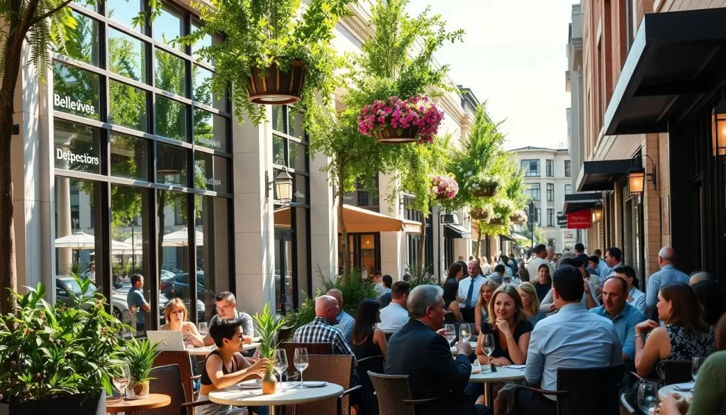A vibrant outdoor dining scene in downtown Bellevue, Washington on a sunny afternoon. Customers enjoy alfresco meals at chic, modern restaurants lining the bustling streets. Trendy cafes with large windows and inviting patios offer a range of international cuisines. Lush greenery and hanging flower baskets adorn the facades, creating a lively, picturesque atmosphere. Well-dressed diners converse over glasses of wine, surrounded by the sleek architecture and high-end shops of Bellevue's upscale commercial district. Warm, soft lighting and a gentle breeze contribute to the refined, sophisticated ambiance of this premier dining destination.